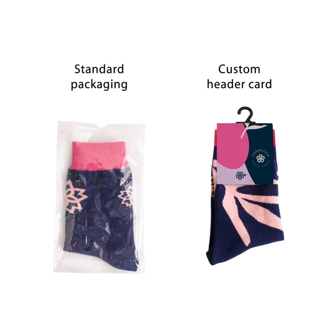 Crew custom pattern woven socks in navy blue with pink accents, presented in standard packaging and with a custom header card.