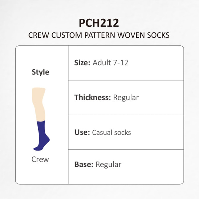 Crew custom pattern woven socks in navy blue, featuring a logo and designed for adults sizes 7-12 with regular thickness.