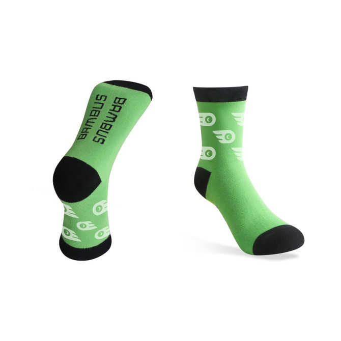 Woven bamboo socks in vibrant green with black accents and a repeat pattern. Features a logo on the design.