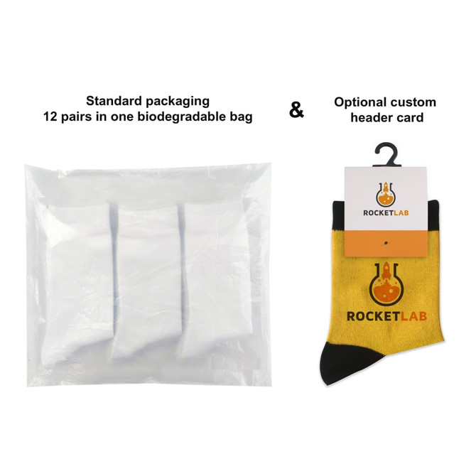 Ankle socks in a biodegradable bag, featuring a vibrant yellow design with a black toe section and a logo.