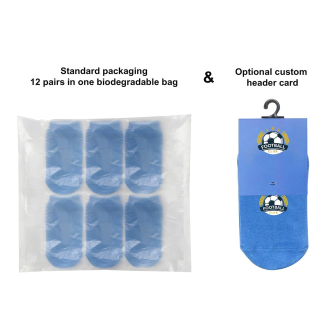 Low cut gripper socks packaged in a biodegradable bag, featuring blue socks in sets of twelve.