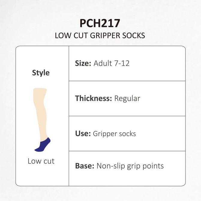 Low cut gripper socks in navy blue with non-slip grip points. Features a design for adults sized 7-12.