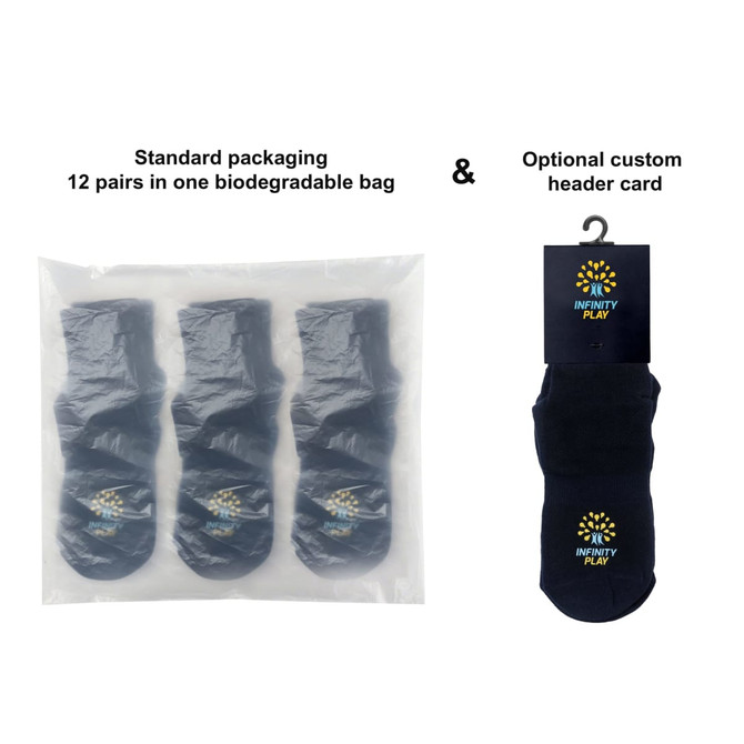 Crew Gripper Socks in navy, packaged in a biodegradable bag with 12 pairs and an optional custom header card.