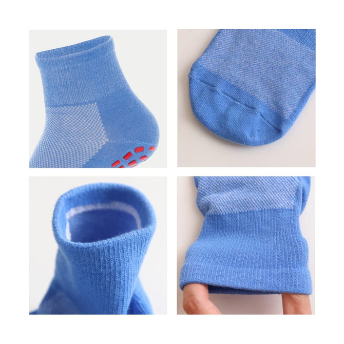 Four angles of blue socks featuring a textured design and grip detail on the sole, along with a snug cuff.