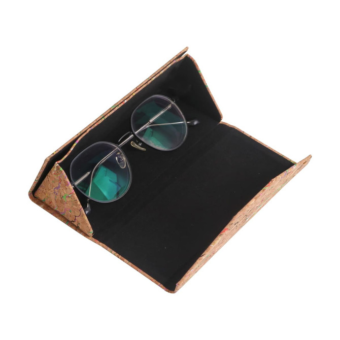A foldable cork glasses case in natural shades, featuring a soft black interior and displaying a pair of sunglasses inside.