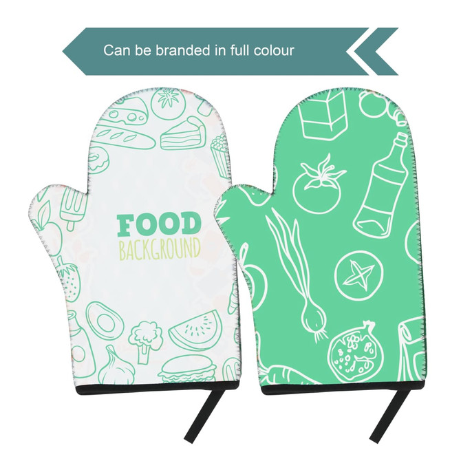 A green neoprene oven mitt featuring food illustrations on one side and a simple design on the other. It has a logo.