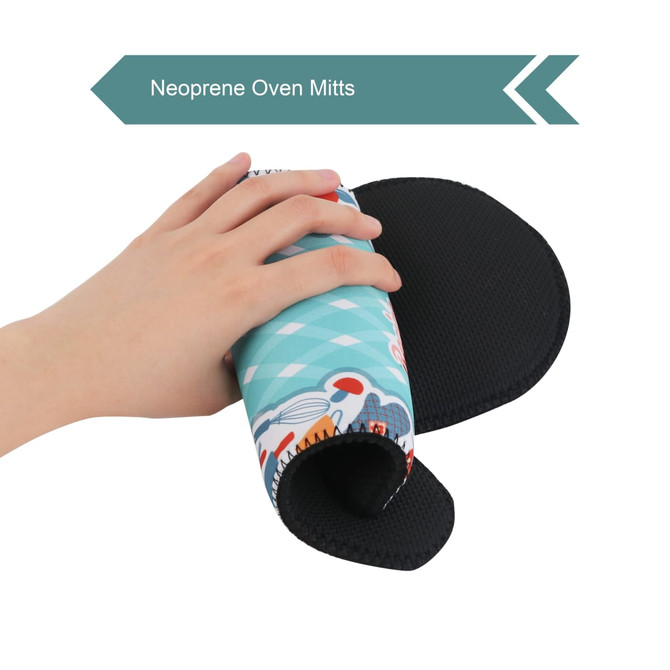 A neoprene oven mitt featuring a colourful design and a textured black grip on the underside is being held by a hand.