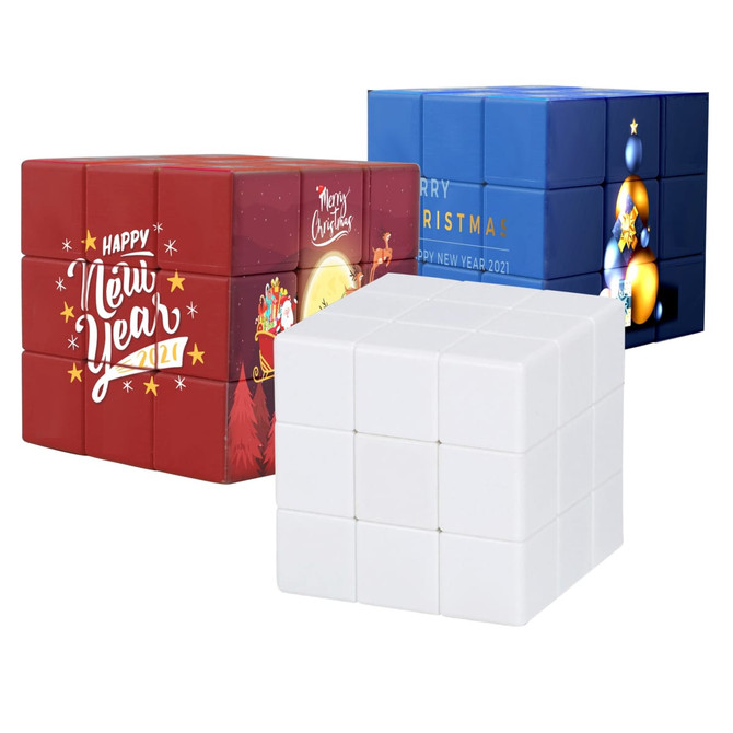 Three vibrant 3x3 puzzle cubes in red, blue, and white featuring holiday-themed designs and a logo.