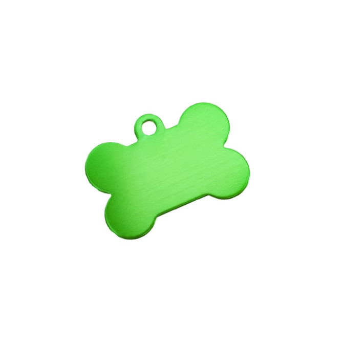 A green bone-shaped pet ID tag made of durable material, featuring a hole for attachment. It has a simple, smooth surface.