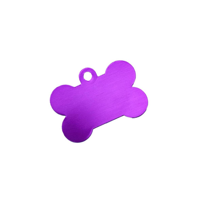 A purple bone-shaped pet ID tag with a hole for attachment. Features a smooth, brushed metal finish.