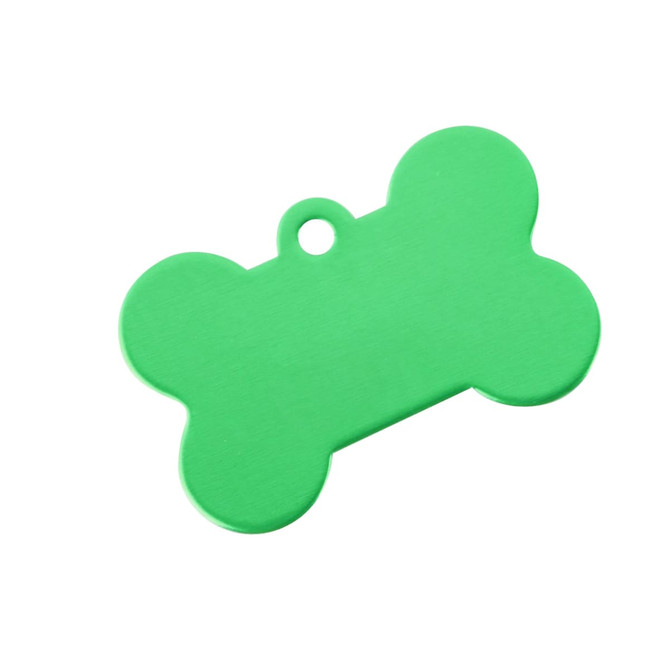 A green bone-shaped pet ID tag with a hole for attachment and a smooth surface.