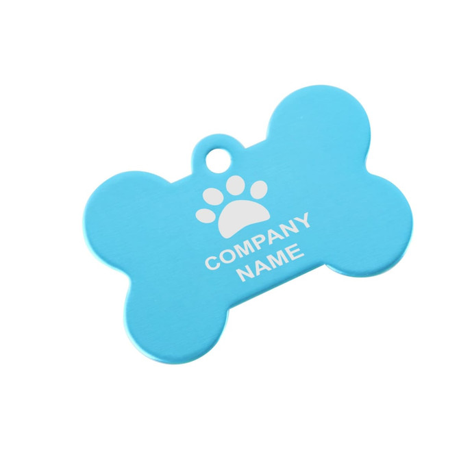 A blue bone-shaped Pet ID tag with a paw print design and a logo.
