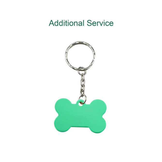 A green bone-shaped pet ID tag with a keyring attachment. It features a metal chain for easy attachment.