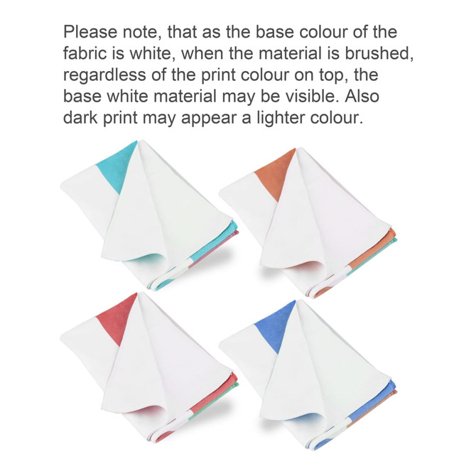 Four folded tea towels in white with peach, teal, brown, and blue accents on the edges. Each towel has a logo.