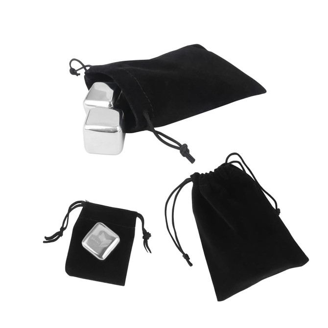 Stainless steel ice cubes in black velvet pouches, featuring a shiny silver finish and three different sizes.