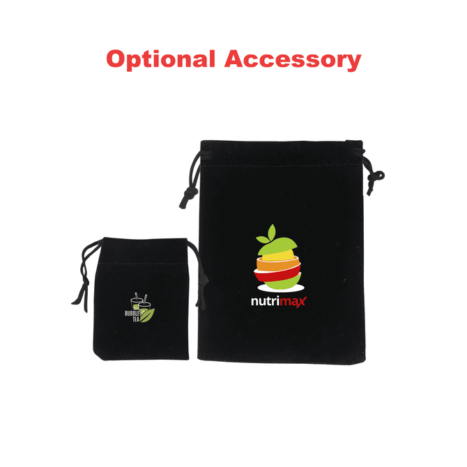 Two black drawstring pouches with a logo, one larger and one smaller.