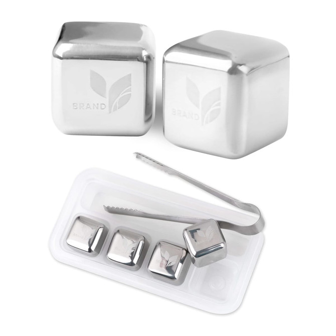 A stainless steel ice cube set featuring four silver cubes and a pair of tongs, presented in a white tray.
