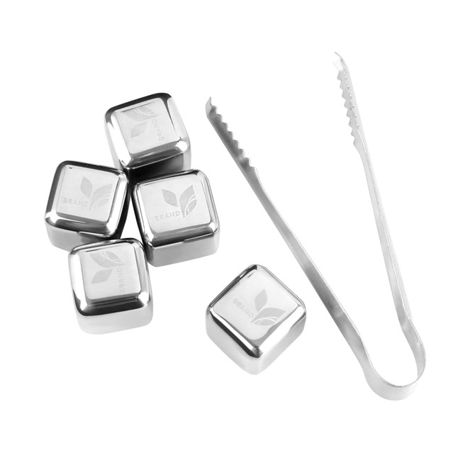 A stainless steel ice cube set featuring four silver cubes and a pair of tongs, all with a sleek design.