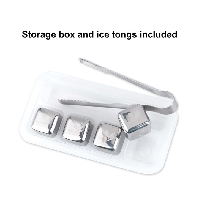 A storage box with four stainless steel ice cubes and ice tongs, all featuring a shiny silver finish.