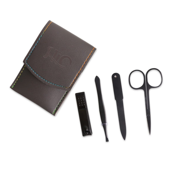 A portable manicure set in a brown leather case, featuring black nail clippers, scissors, a file, and a cuticle pusher.