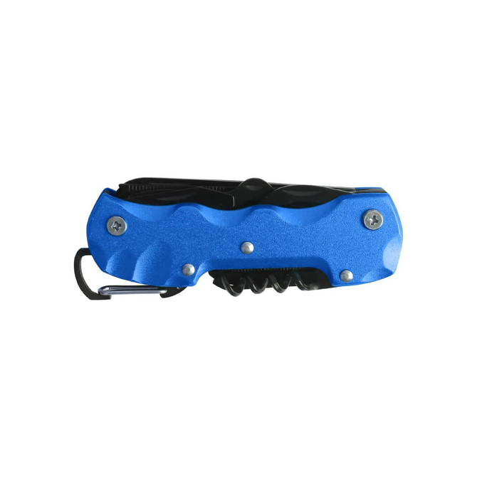 A blue multifunction pocket knife with a black handle and a carabiner clip, featuring various tools and a sleek design.