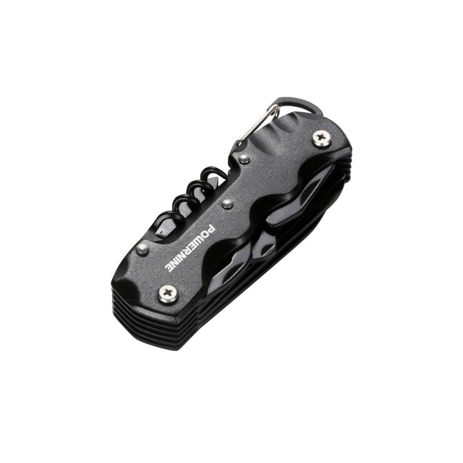 A black multifunction pocket knife featuring various tools and a keyring attachment.