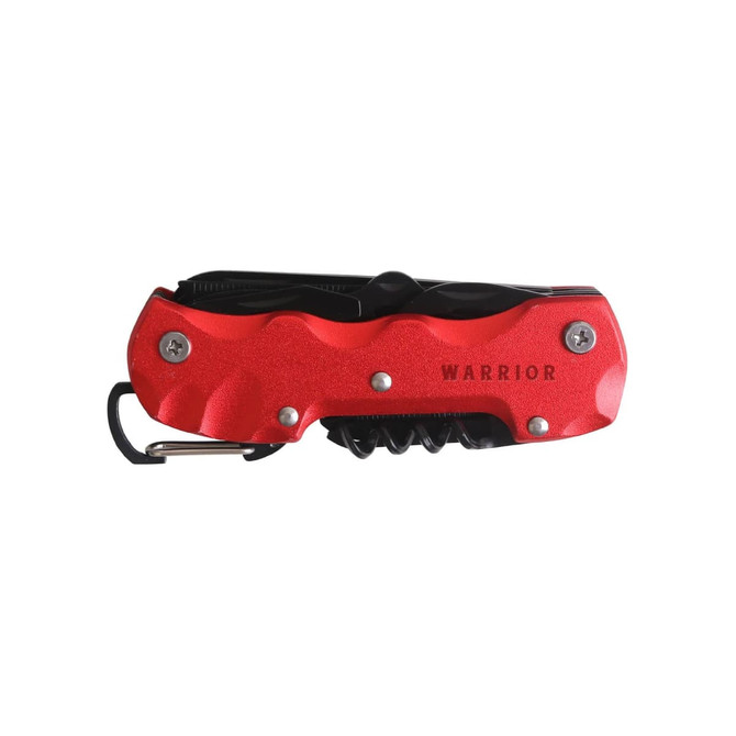 A red multifunction pocket knife featuring various tools and a keyring attachment. It has a logo on the handle.
