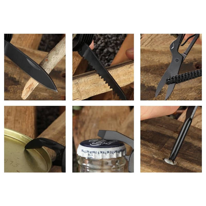 A multifunction pocket knife in black with various tools including a knife blade, scissors, and a bottle opener.