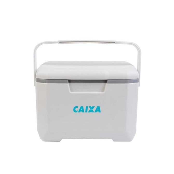 A 6L white cooler box with a handle and a logo on the front.