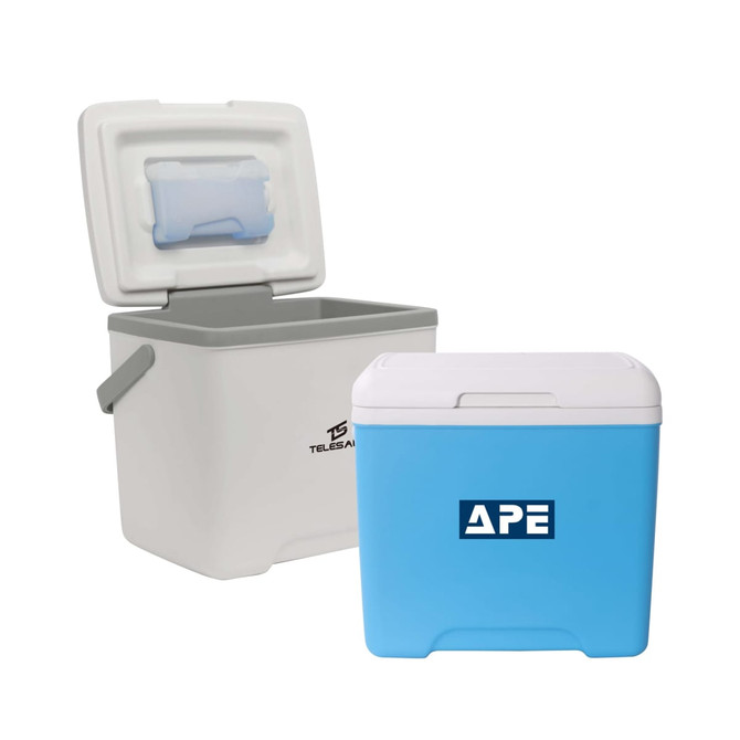 A cooler box in white and blue with an open lid, featuring a logo on the front.