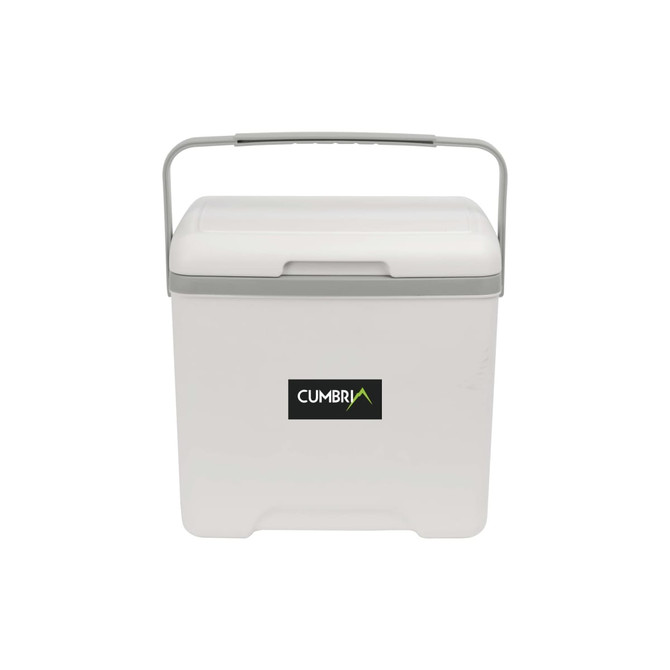A white cooler box with a grey handle and a small logo on the front.