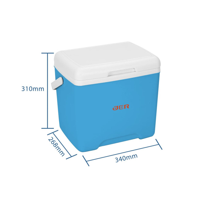 A blue 13L cooler box with a white lid and a side handle, featuring measurements displayed beside it.
