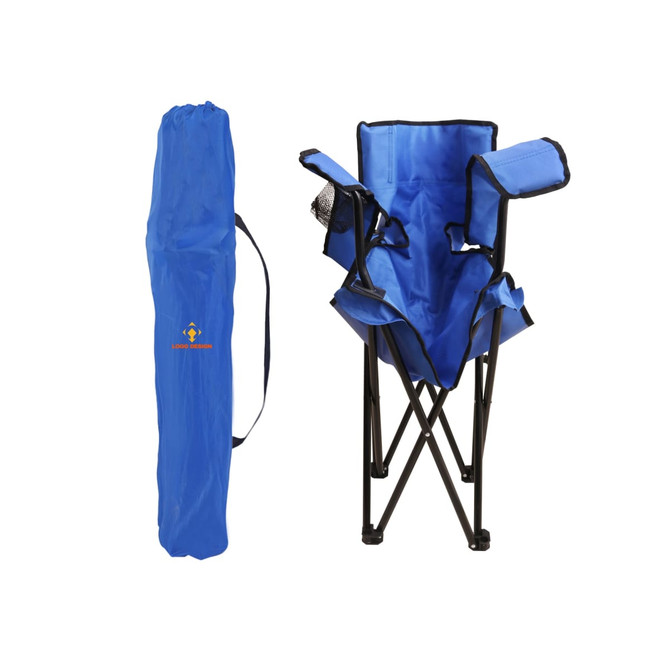 A blue foldable portable camping chair next to its matching carry bag. The chair includes armrests and has a logo.