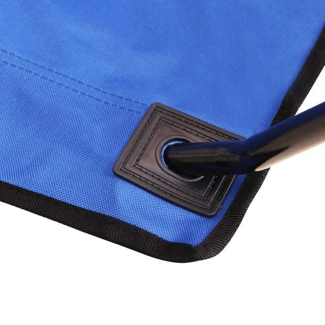 A close-up of a blue camping chair fabric corner with a black edge and part of a metal frame. The chair has a logo.