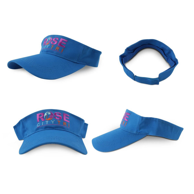 A blue sport visor featuring a logo. The visor has a wide brim and an adjustable strap at the back.