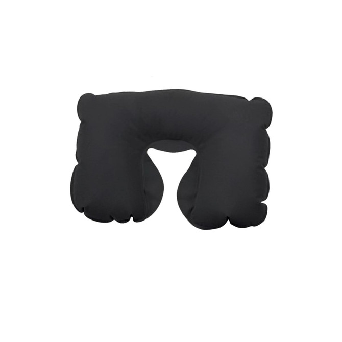 A black inflatable travel pillow with a U-shaped design for neck support. It features a smooth surface and rounded edges.