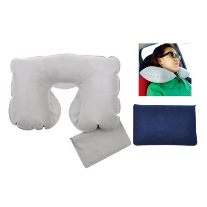 An inflatable travel pillow in light grey, accompanied by a navy carry pouch.
