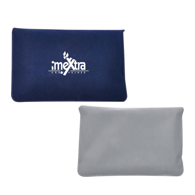 A navy and grey inflatable travel pillow with a logo on one side, featuring a soft texture.