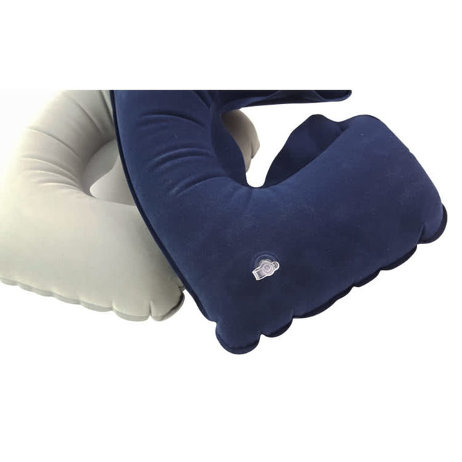 An inflatable travel pillow in blue and grey, featuring a logo, with a soft, textured surface.