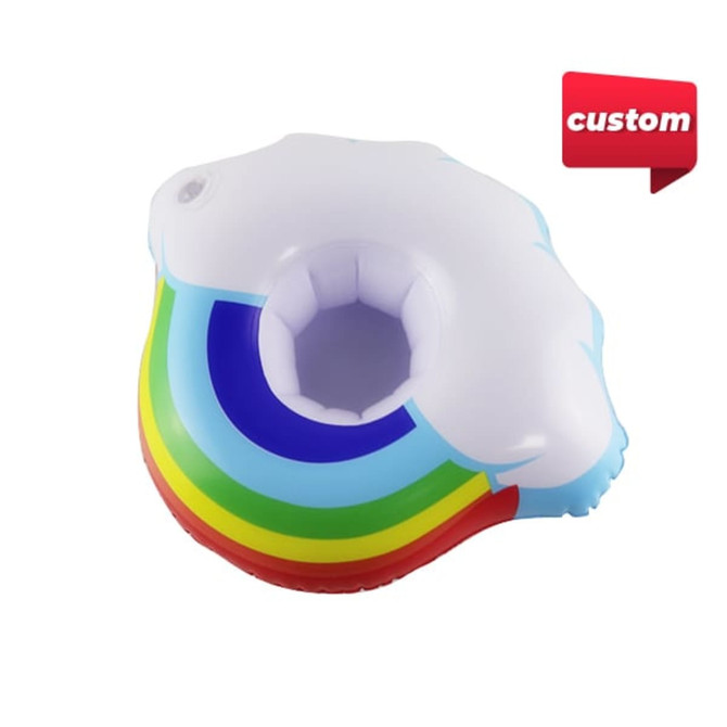 An inflatable cup holder featuring a multicoloured rainbow design with a white cloud shape. It has a branding logo.