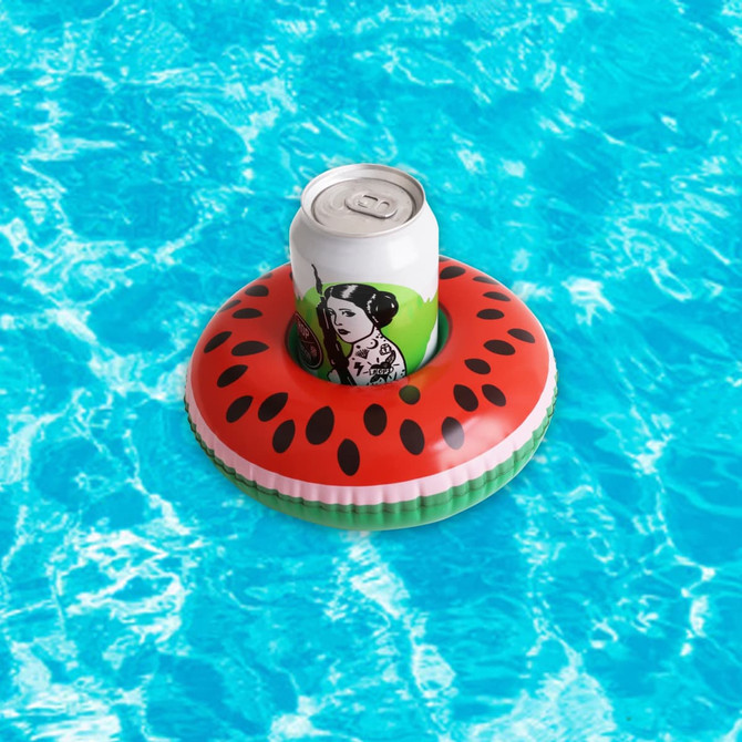 A watermelon-themed inflatable cup holder with a can in the centre, set against a blue water background.