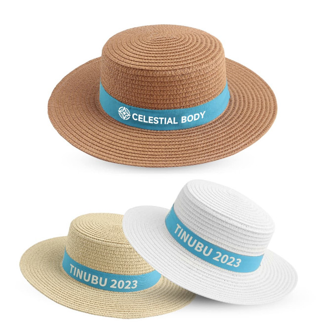 A straw hat with a wide brim, featuring a blue ribbon. Available in brown, beige, and white.
