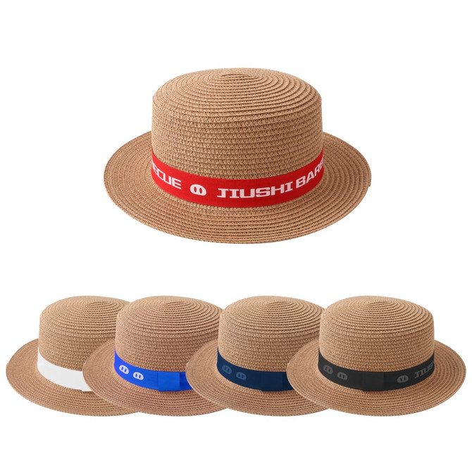 A straw hat with a wide brim, featuring a red ribbon, alongside four additional hats in white, blue, and black bands.