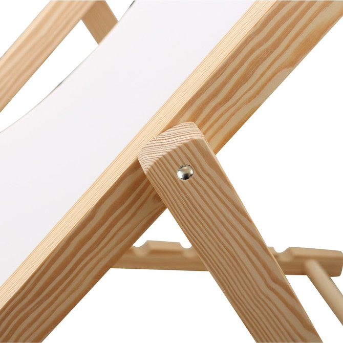 A wooden beach chair featuring a light-coloured timber frame and a white fabric seat.