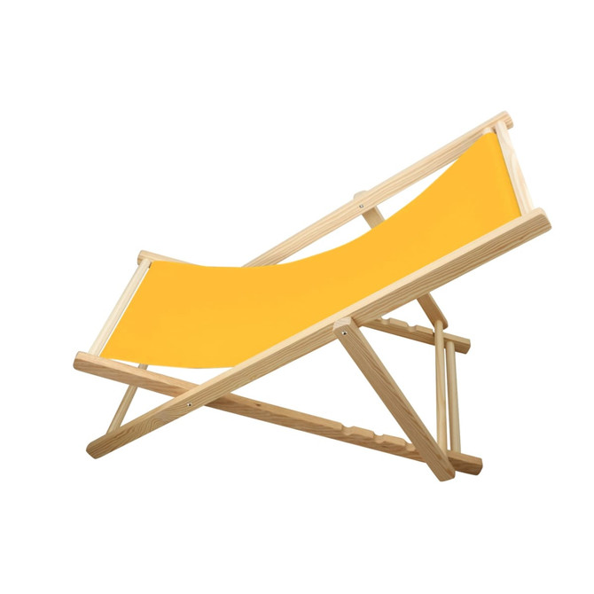 A beach chair featuring a beech frame with a vibrant yellow fabric seat. It is designed for relaxation.