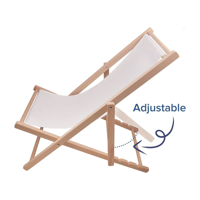 A beech frame beach chair in white fabric, featuring an adjustable backrest for support and comfort.