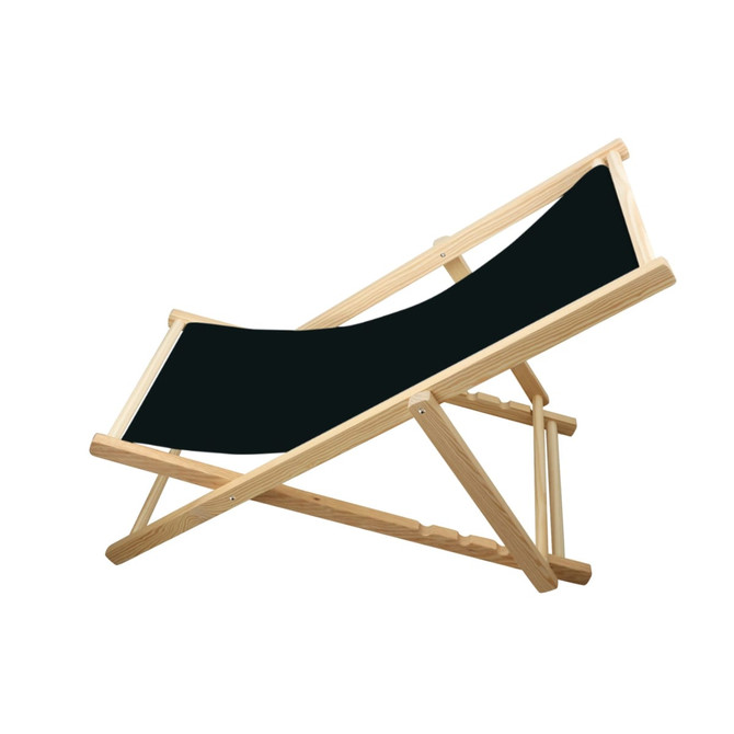 A beach chair with a beech frame and black fabric seat, featuring a minimalist design.