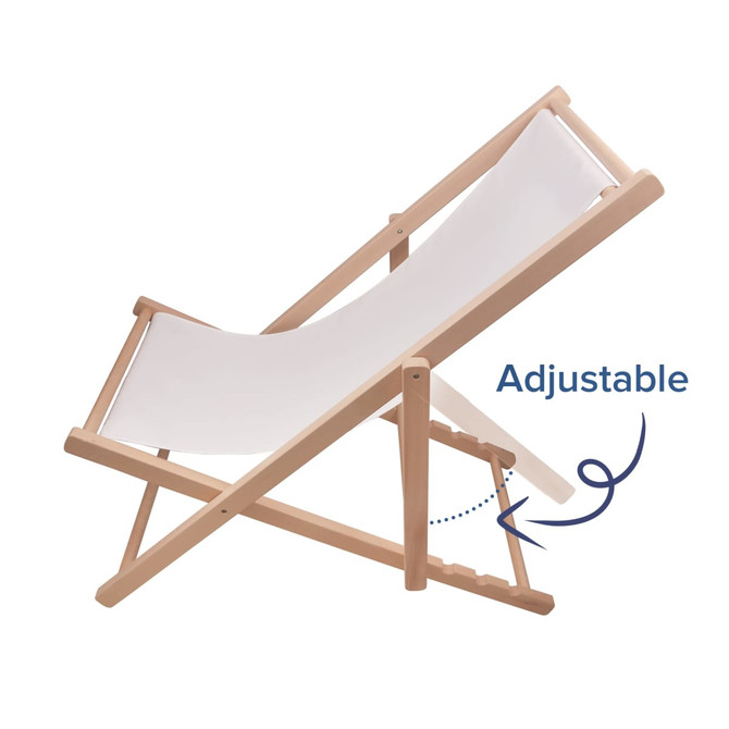 A beech frame beach chair in white fabric, featuring an adjustable backrest and a simple, sleek design.