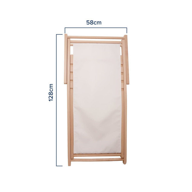 A beech frame beach chair in light colour, measuring 58cm by 128cm, with a simple, sleek design and a logo.