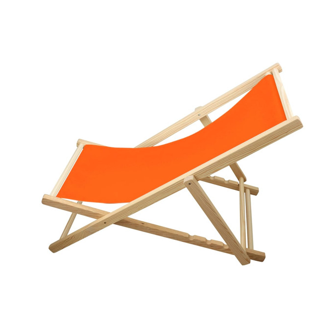 A beach chair with a beech frame and an orange fabric seat, featuring a folding design. It has a logo on the frame.